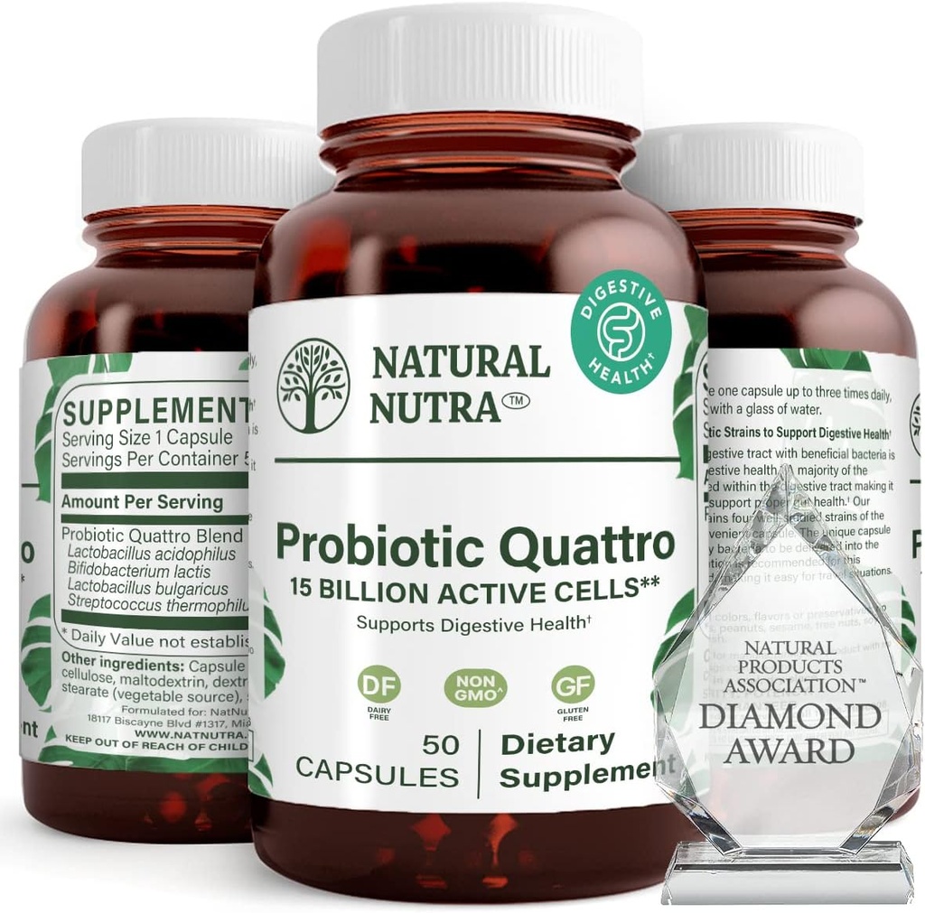 Naturlig Nutra Probiotisk Quattro - Avanceret Probiotisk supplement med 4 kraftfulde Strops herunder Lactobacillus Acidophilus, Bifidus - Understøtter fordøjelse og immunforsvar - 50 Vegetariske kapsler