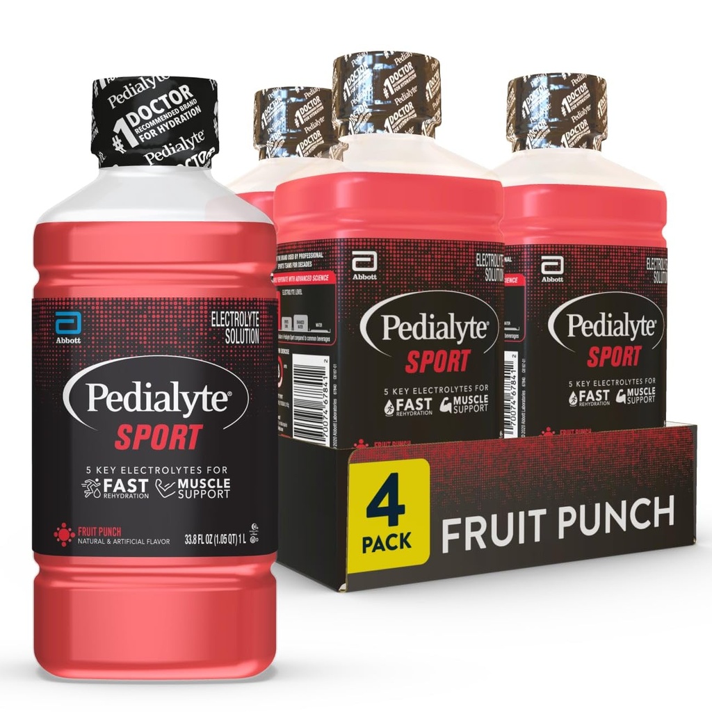 Pedialyte Sport Electrolyte Drink, Hurtig hydrering med 5 Key Electrolytes for Muscle Support Før, under og efter træning, Fruit Punch, 1 Liter, pakke med 4