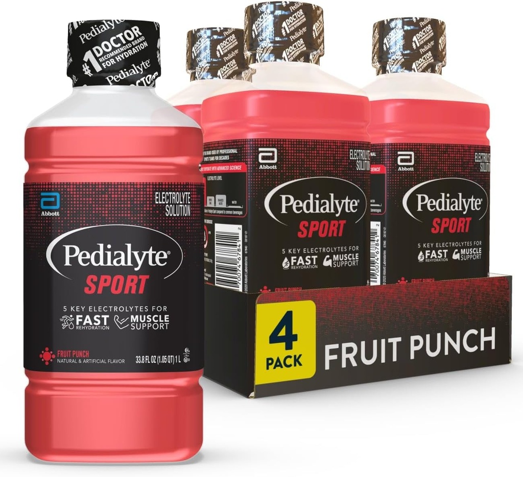 Pedialyte Sport Electrolyte Drink, Hurtig hydrering med 5 Key Electrolytes for Muscle Support Før, under og efter træning, Fruit Punch, 1 Liter, pakke med 4