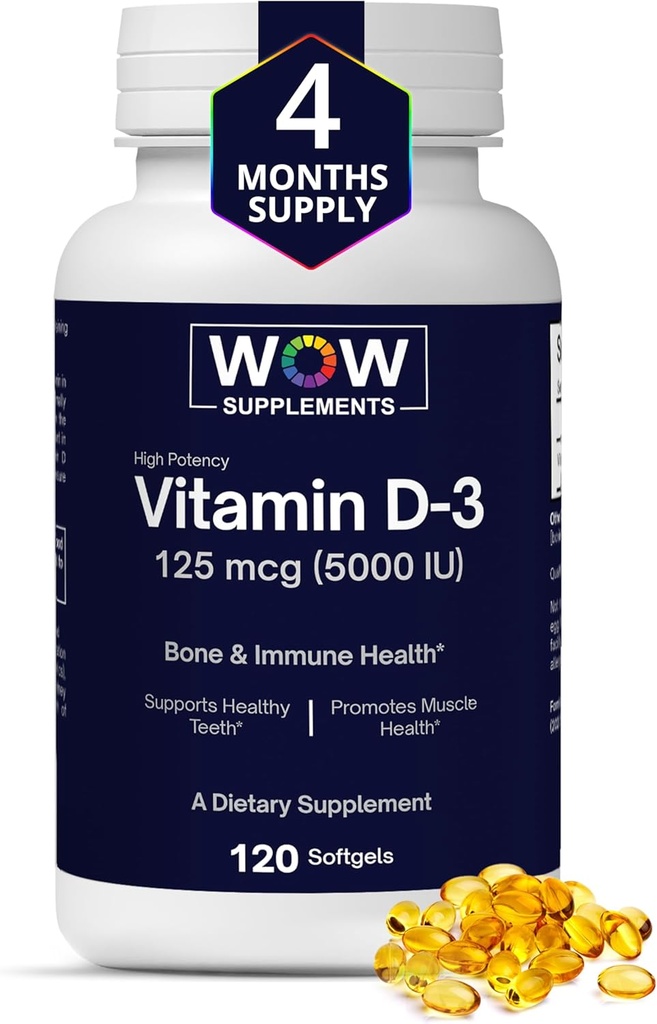 WOW Kosttilskud D3 5000 IE Softgels, 125 mcg - D3 5000IE vitamin supplement til stærke knogler og immunforsvar - non-GMO, Gluten Free Vitamin D 5000 IE - VIT D3 5000 IE Softgels - 120 Tæl