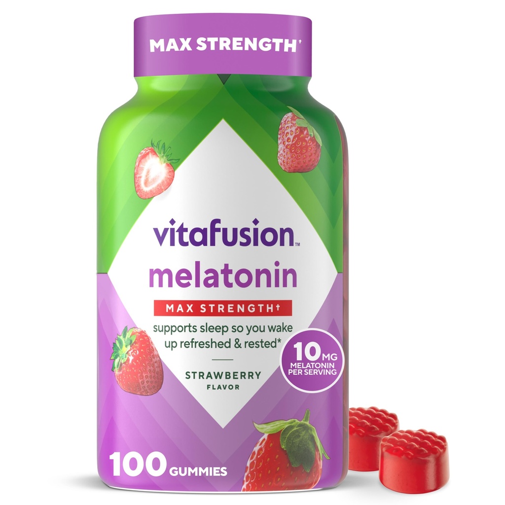 Vitafusion Max Strength 10 mg Melatonin Gummies, Strawberry Flavored, Voksen Melatonin Gummy Vitamin Supplement, 100 Greve, 50 dages forsyning