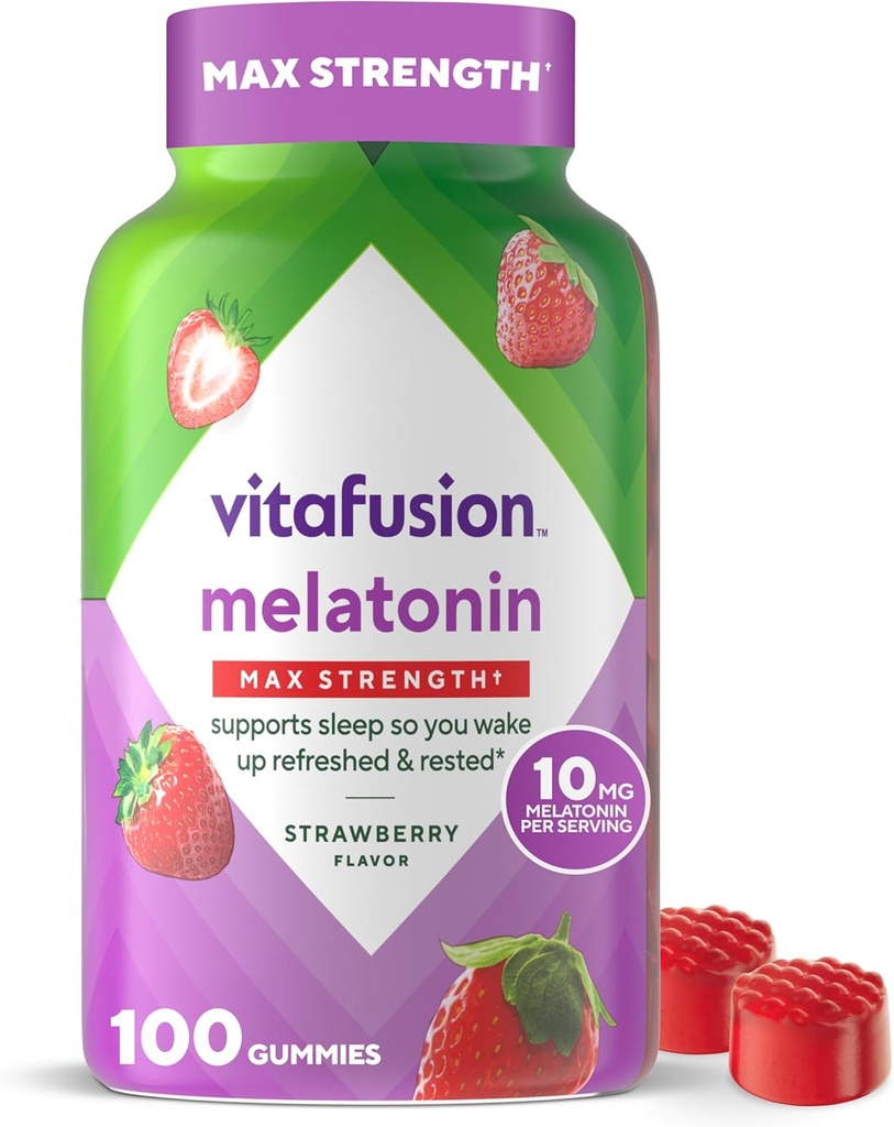 Vitafusion Max Strength 10 mg Melatonin Gummies, Strawberry Flavored, Voksen Melatonin Gummy Vitamin Supplement, 100 Greve, 50 dages forsyning