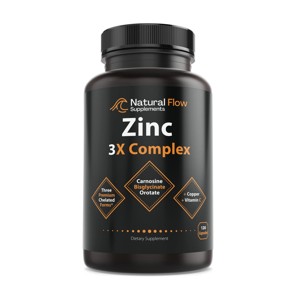 Zink supplement Complex med kobber og C-vitamin - Natural Flow 3X Zink Carnosine, Bisglycinate Chelat, og Oroter, Chelated Kobber, Nem på Mave, Hud og immunforsvar, 120 kapsler