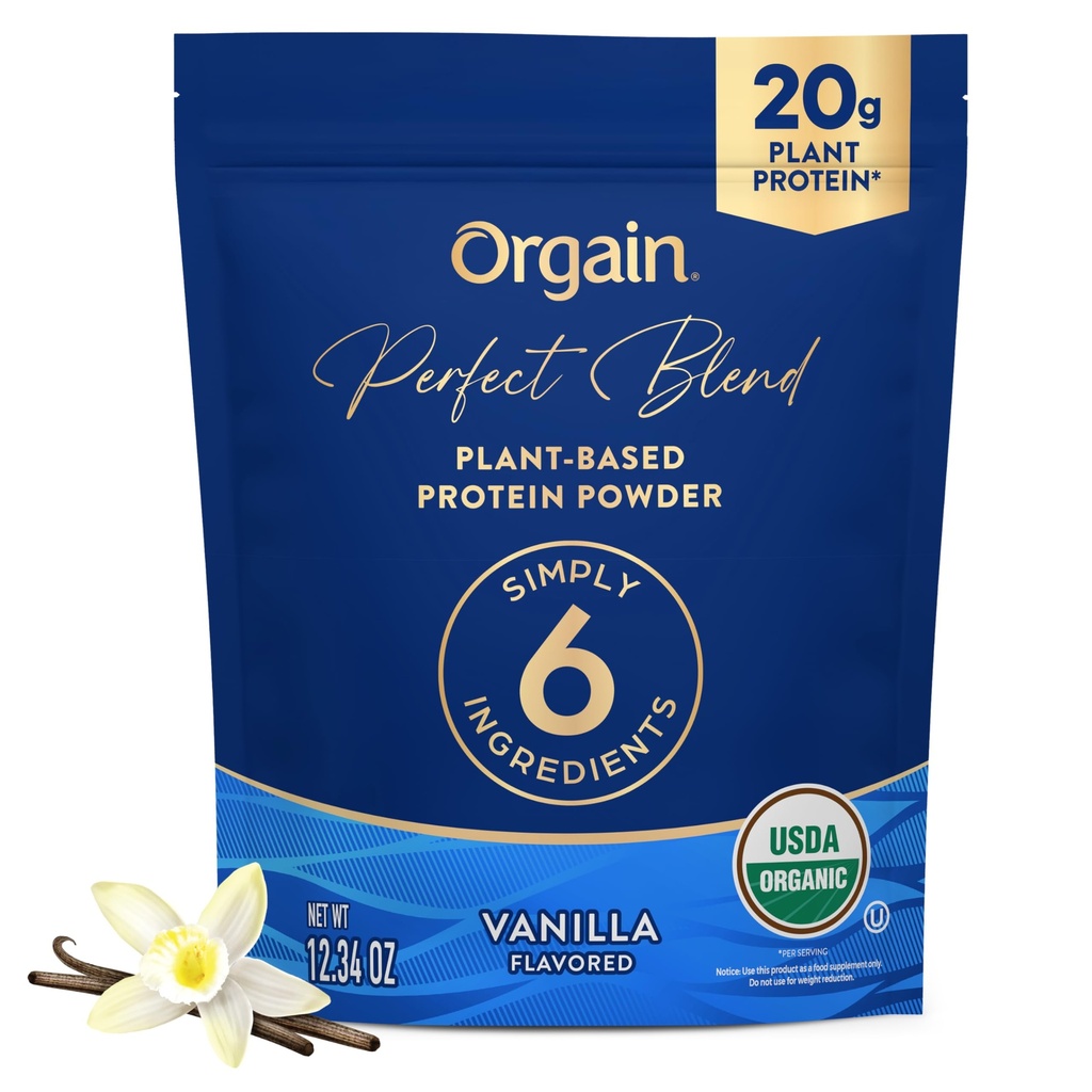 Orgain Organic Vegan Perfect Blend Protein Powder, 20g Clean Plant Protein, 6 Ingredienser, < 1g Sukker, Gluten Free, Non- GMO; Ingen kunstige Aromaer, Stevia Extract, Dairy eller Soy Ingredients - Vanilla