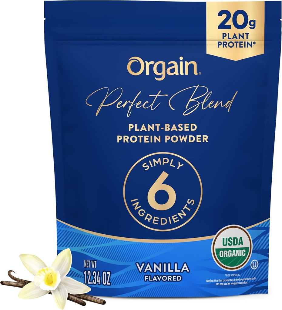 Orgain Organic Vegan Perfect Blend Protein Powder, 20g Clean Plant Protein, 6 Ingredienser, < 1g Sukker, Gluten Free, Non- GMO; Ingen kunstige Aromaer, Stevia Extract, Dairy eller Soy Ingredients - Vanilla