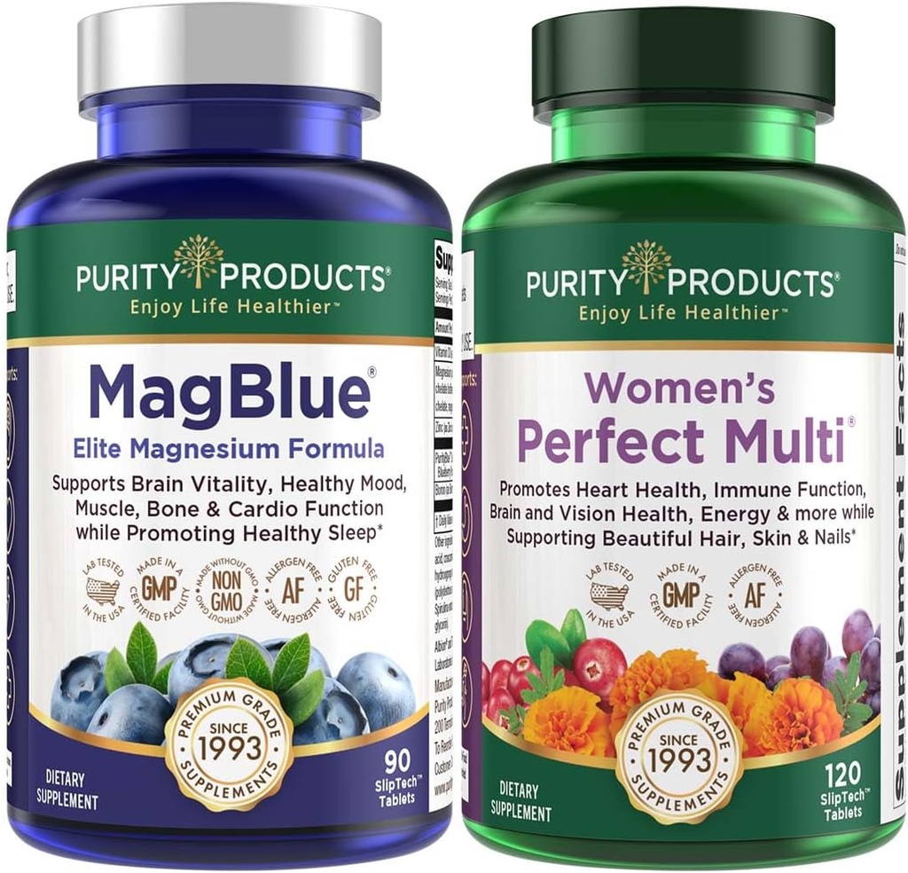 Renhed produkter Bundle - MagBlue + kvinders perfekte Multi - MagBlue (Magnesium Bisglycinate + vitamin D3 + mere) - Kvinder perfekte Multi - understøtter urinveje sundhed, immunitet, hår hud negle + mere