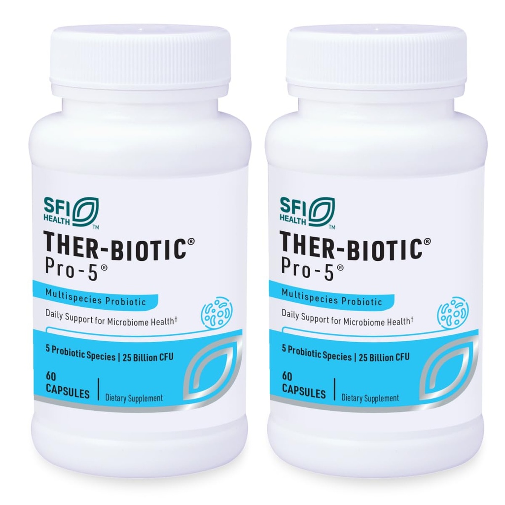 Klaire Labs SFI Health Pro- 5 Probiotic - 25 Millioner CFU høj dosis Multiarter Gut recolonization Support til mænd og kvinder, Hypoallergen & Dairy- Free (60 kapsler, 2 pakker)