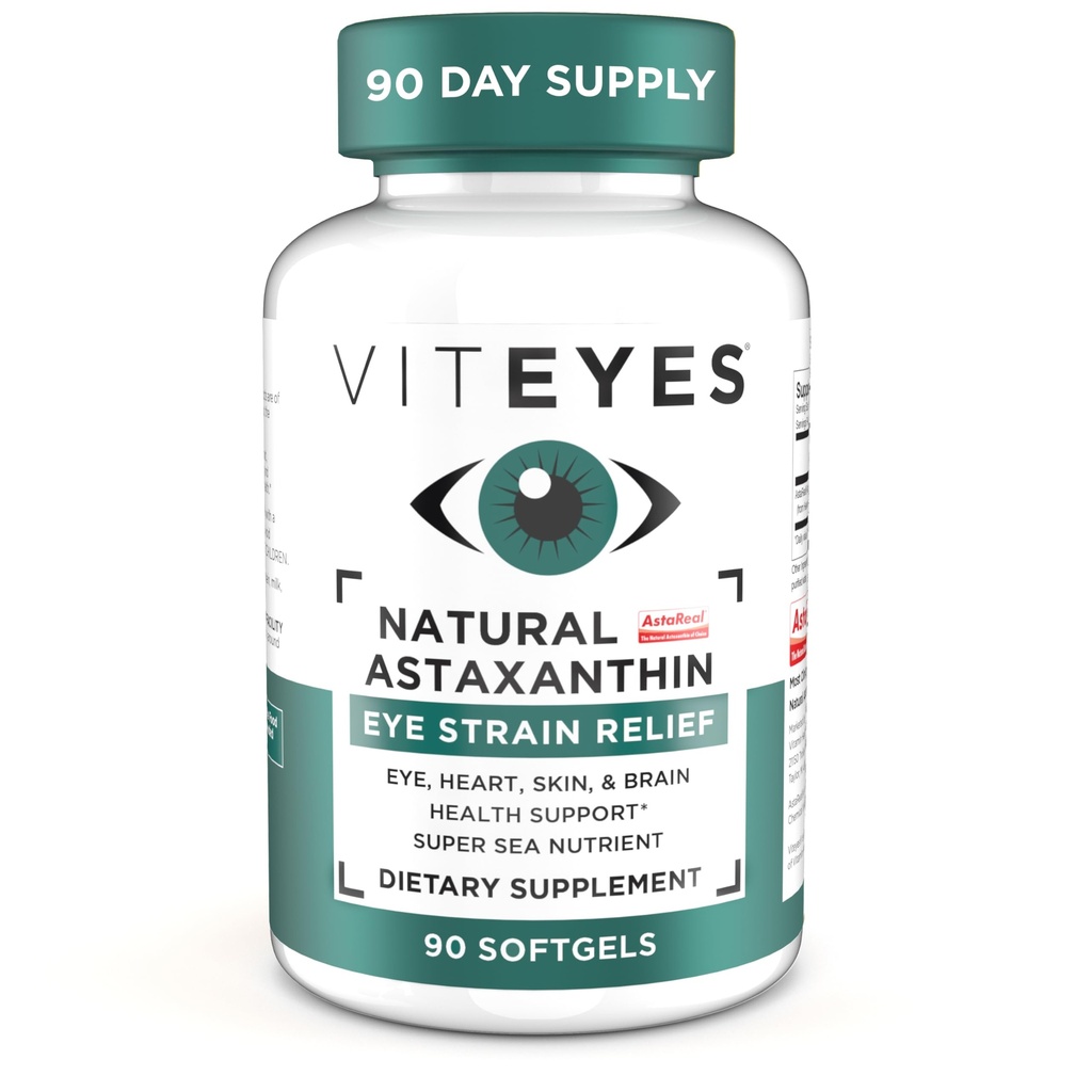 Viteyes Natural Astaxanthin, Relieve Traed Eyes & Eye Strain, Sourced from Algae, Skin Hydration, Heart & Brain Health, 4 til 8 mg Natural Astaxanthin, 90 Softgels