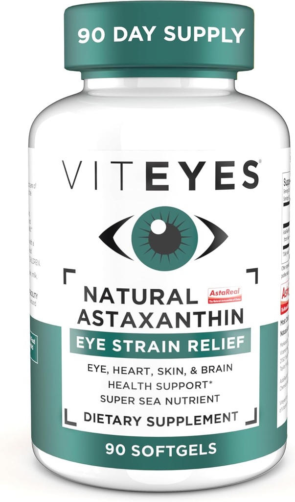 Viteyes Natural Astaxanthin, Relieve Traed Eyes & Eye Strain, Sourced from Algae, Skin Hydration, Heart & Brain Health, 4 til 8 mg Natural Astaxanthin, 90 Softgels