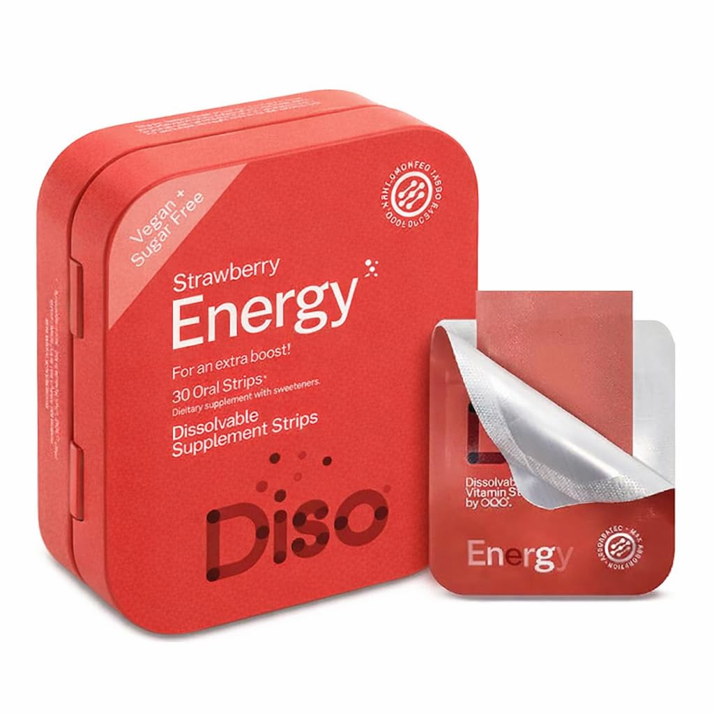 DISO - Energi - Fast- Opløsning koffein Strips med vitaminer, Jordbær Flavor, Vegansk, Sukker Free, Høj Absorption, Gluten Free, individuelt indpakket, 30 Opløselige Strips