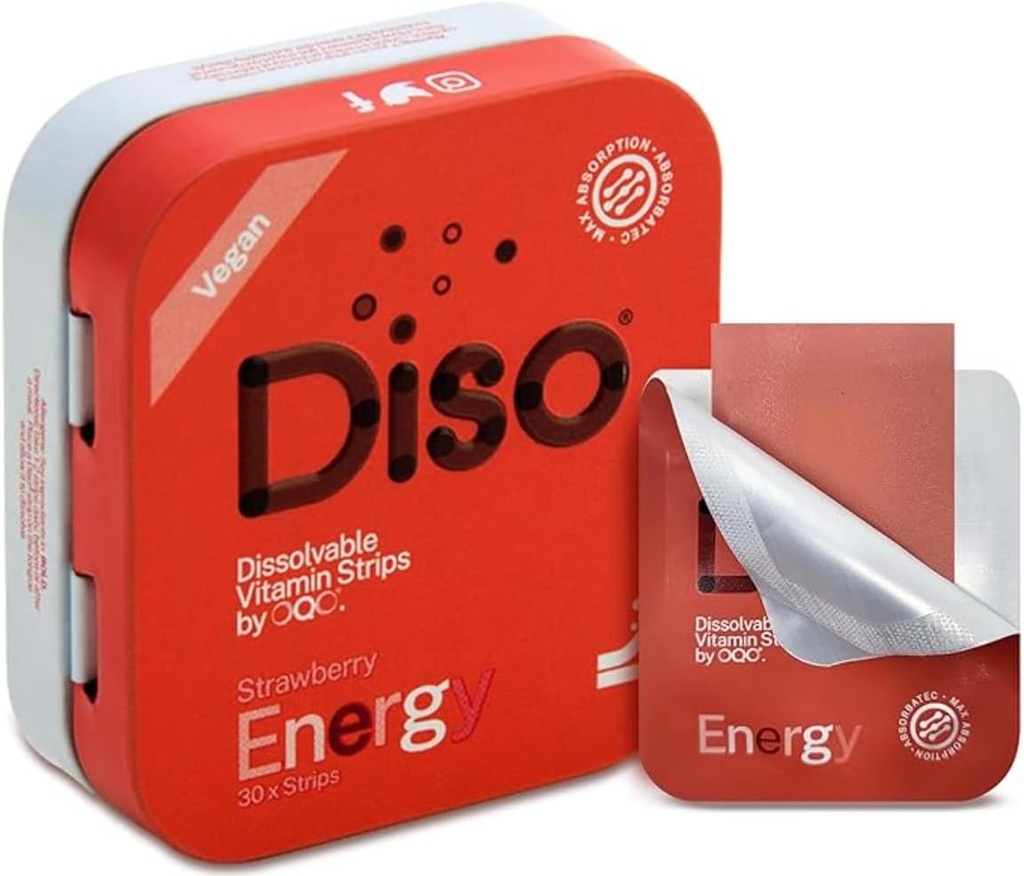 DISO - Energi - Fast- Opløsning koffein Strips med vitaminer, Jordbær Flavor, Vegansk, Sukker Free, Høj Absorption, Gluten Free, individuelt indpakket, 30 Opløselige Strips