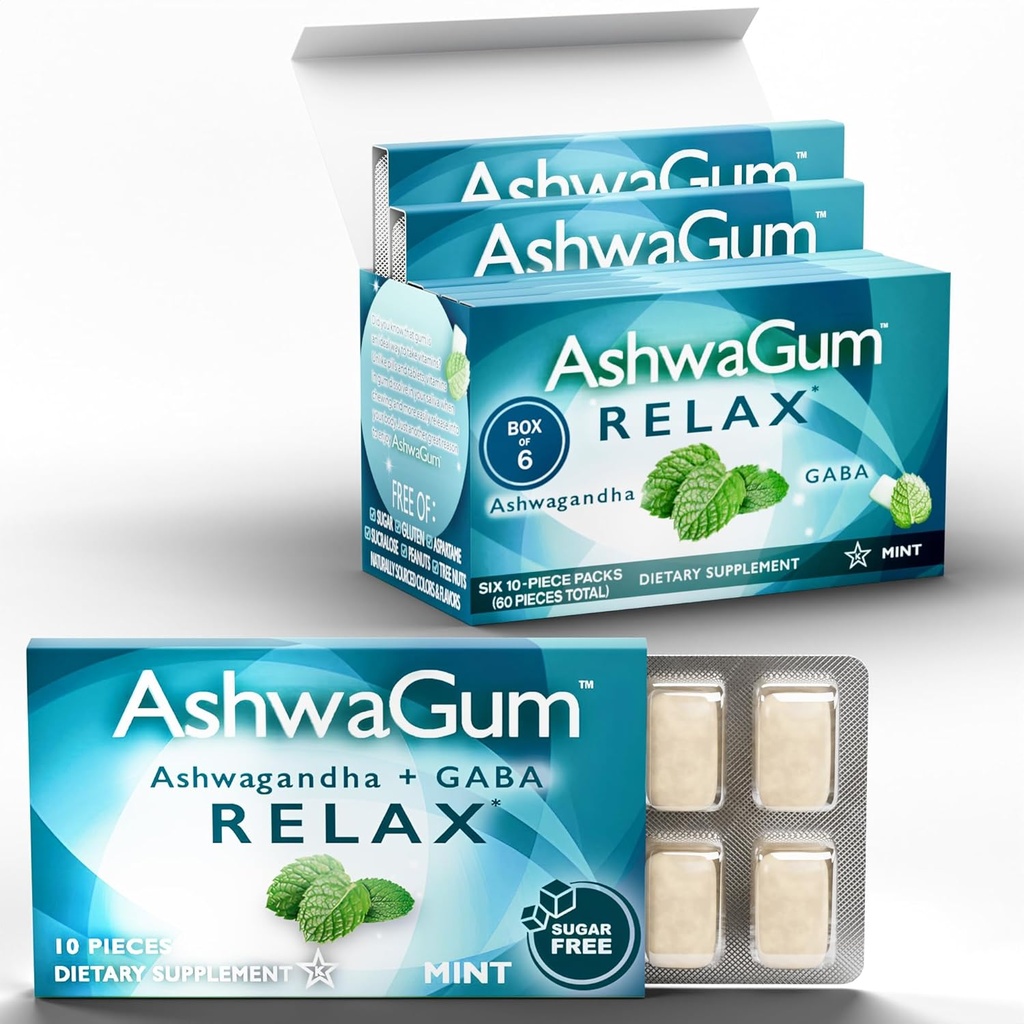 AshwaGum RELAX Gum af BetterGum, High Potency Supplement med KSM 66 Ashwagandha og Gaba, støtter stress og angst Relief, Cortisol Support, Alternativ til gummies, Sugar- Free, 10 stykker - 6 pakke