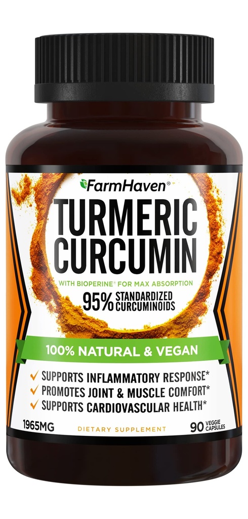 Gurkemeje med BioPerine Black Pepper & 95% Curcuminoids, 1965mg, Maksimal Absorption til fælles støtte, non-GMO gurkemeje kapsler, Lavet i USA - 90 Veg Caps