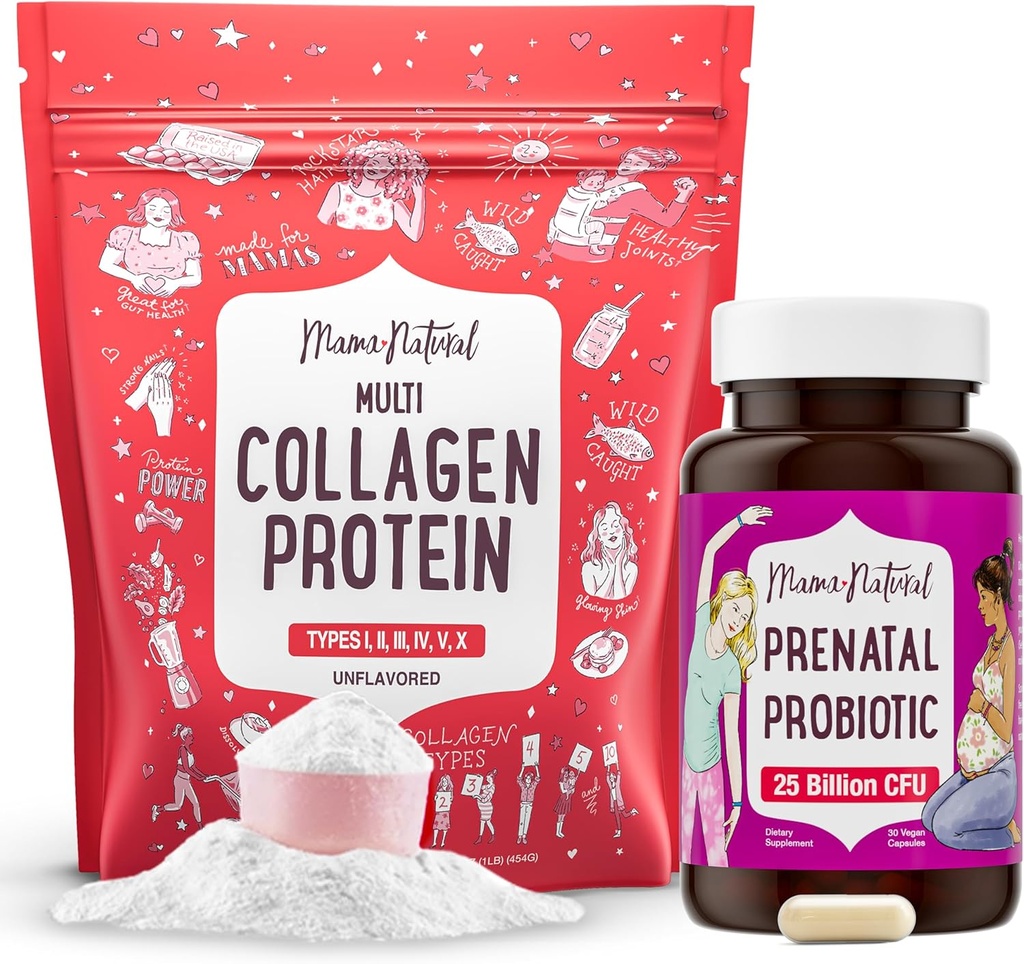 Mama Natural Prenatal Probiotic & Multi Collagen Protein Bundle - 25 milliarder CFU & 11g hydrolyseret Collagen peptider til graviditet, hår, hud, negle og fordøjelsessygdomme støtte
