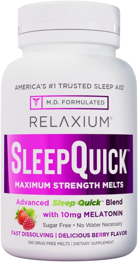 Relaxium Sleep Quick Maximum Strength Melts, Hurtig fungerende Sleep Aid med 10 mg Melatonin, Drug Free Kosttilskud, Vegan, Gluten Free, Made in USA, 100 Servere, Berry Flavor