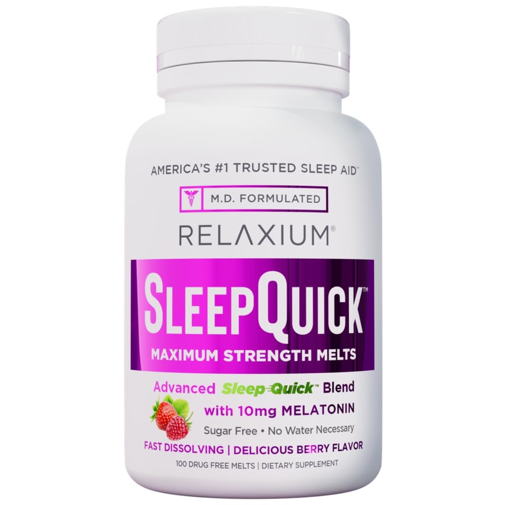 Relaxium Sleep Quick Maximum Strength Melts, Hurtig fungerende Sleep Aid med 10 mg Melatonin, Drug Free Kosttilskud, Vegan, Gluten Free, Made in USA, 100 Servere, Berry Flavor