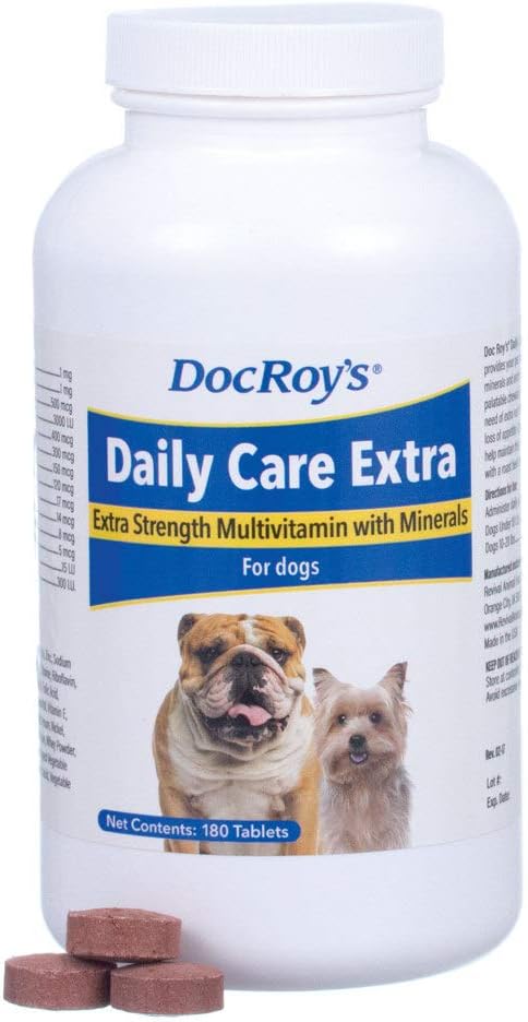 Doc Roy 's Daily Care Extra, Advanced Multivitamin til hunde, understøtter energi, immunforsvar, muskel, ben og hjerne sundhed, giver vitaminer A C D3 E B kompleks, jern zink Magnesium jod, Lavet i USA 180 ct