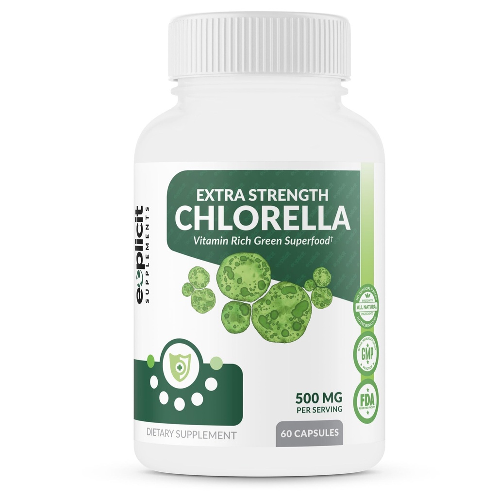 eXplicit Kosttilskud ekstra styrke Chlorella Superfood kapsler Broken Cell Wall High Potency Vegan Super Food, 1000 mg daglig - 60 kapsler