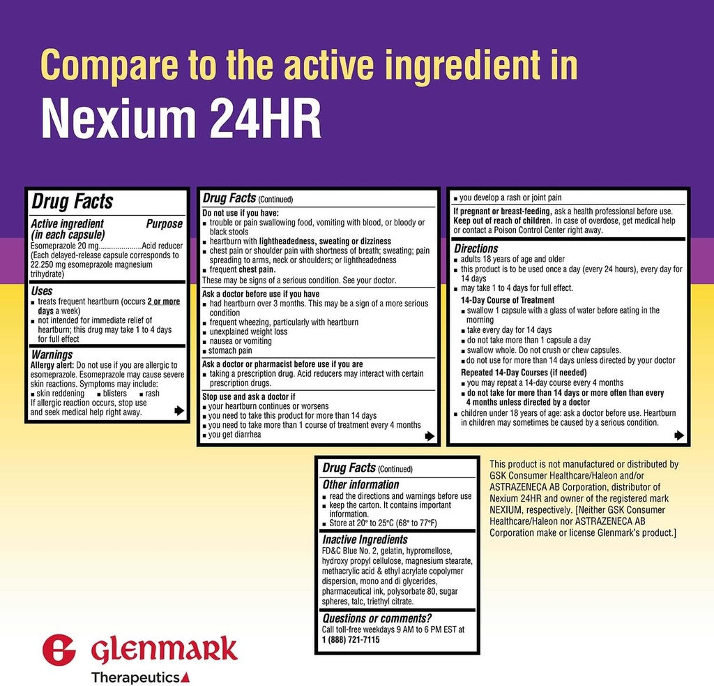 Glenmark Therapeutics Esomeprazol Magnesium USP 20mg, forsinket frigivelse kapsler, Treats Hyppig Heartburn, 42 kapsler