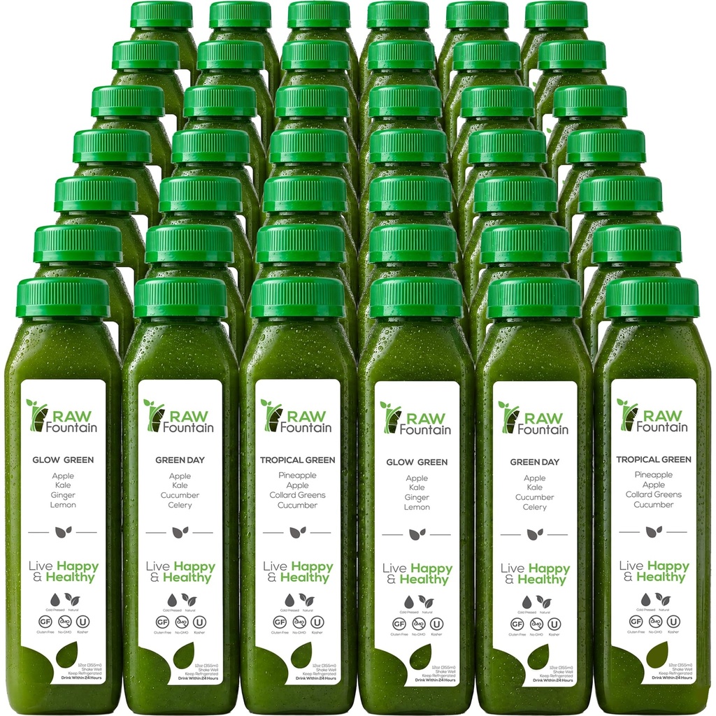 7 Day Green Juice Cleanse by Raw Fountain, All Natural Raw, Vegan Detox, Cold Pressed Juice, Great Way to Detox Your Digestive System, Kosher, Gluten Free, NO Added Sugar, 42 Bottles 12oz