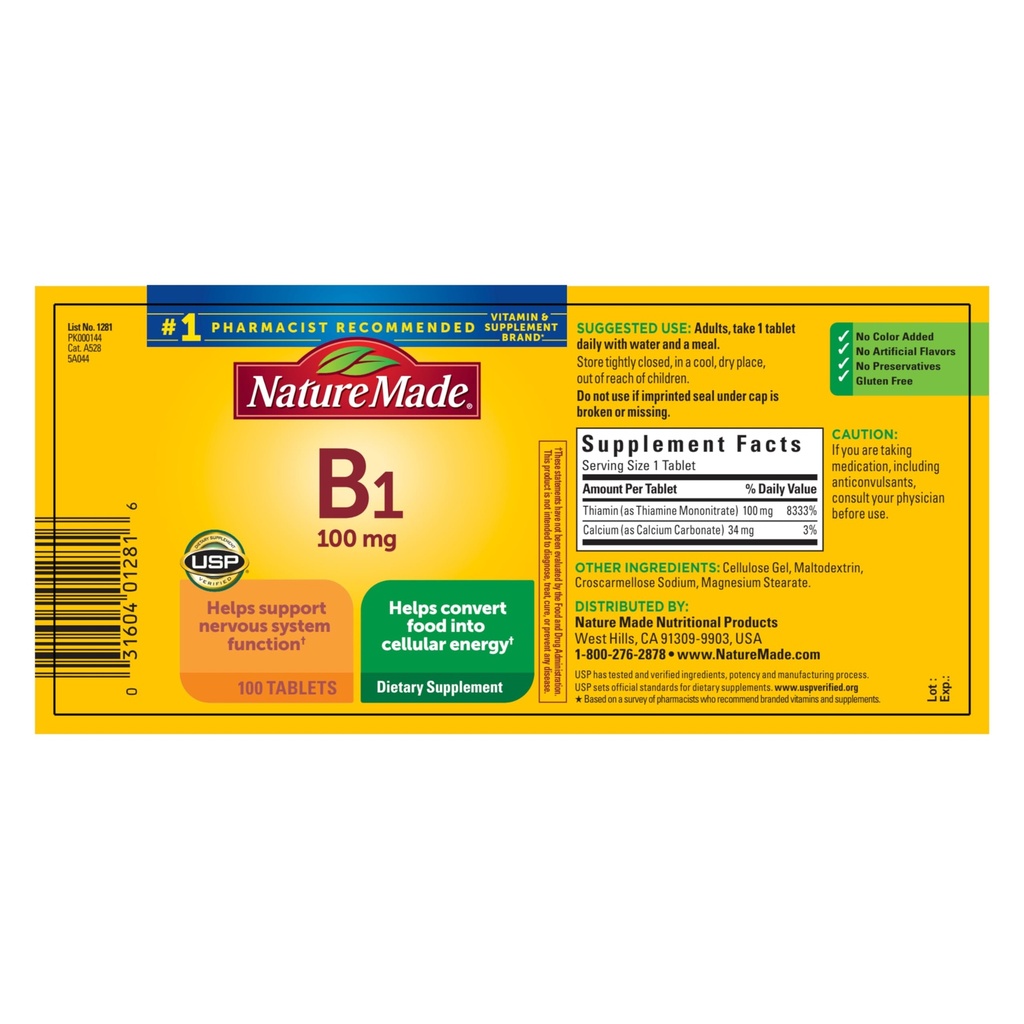 Nature Made Vitamin B1 100 mg, Kosttilskud til energistofskiftestøtte, 100 tabletter, 100 dages forsyning
