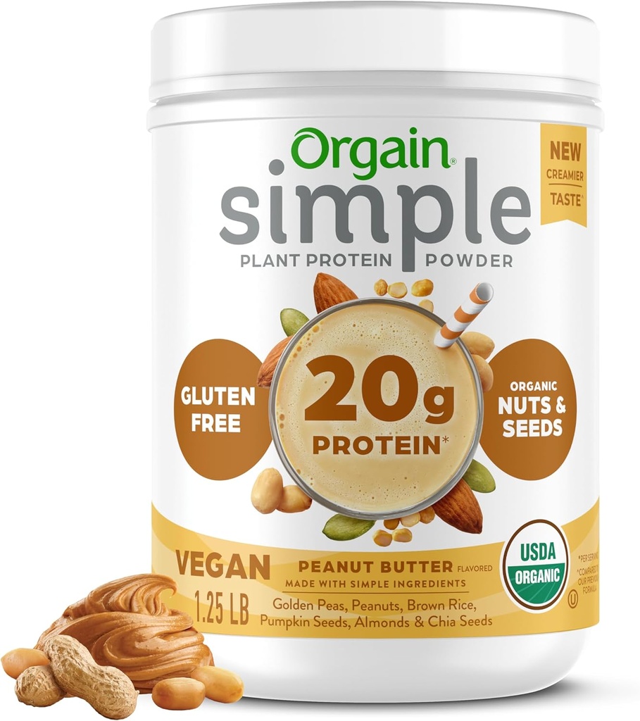 Orgain Organic Simple Vegan Protein Powder, Peanut Butter - 20g Plant Based Protein, Med færre ingredienser, Ingen kunstige sødestoffer, Gluten Free, Ingen Dairy eller laktose, 1,25 lb (Packaging May Vary)