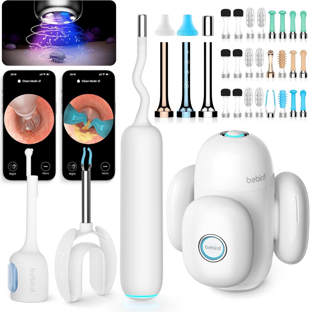 BEBIRD Home 30S Ear Care System - Ear Canal Cleaner med Fleksibelt Scope FHD kamera, UVC LED Light, Visual Ear- Drops Dropper, Wax Removal Tweeters Tool til Clean Ear, 3 sæt Rengøring Kits til voksne / børn