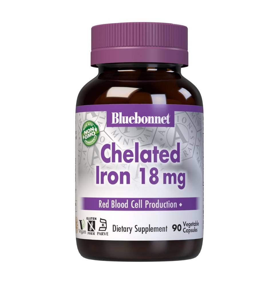 Bluebonnet Nutrition Chelated Iron 18 mg - non- constipating Iron - Soy- Free, Gluten- Free, Non- GMO, Kosher Certified, Dairy- Free, Vegan - 90 Vegetabilske kapsler, 90 Servering