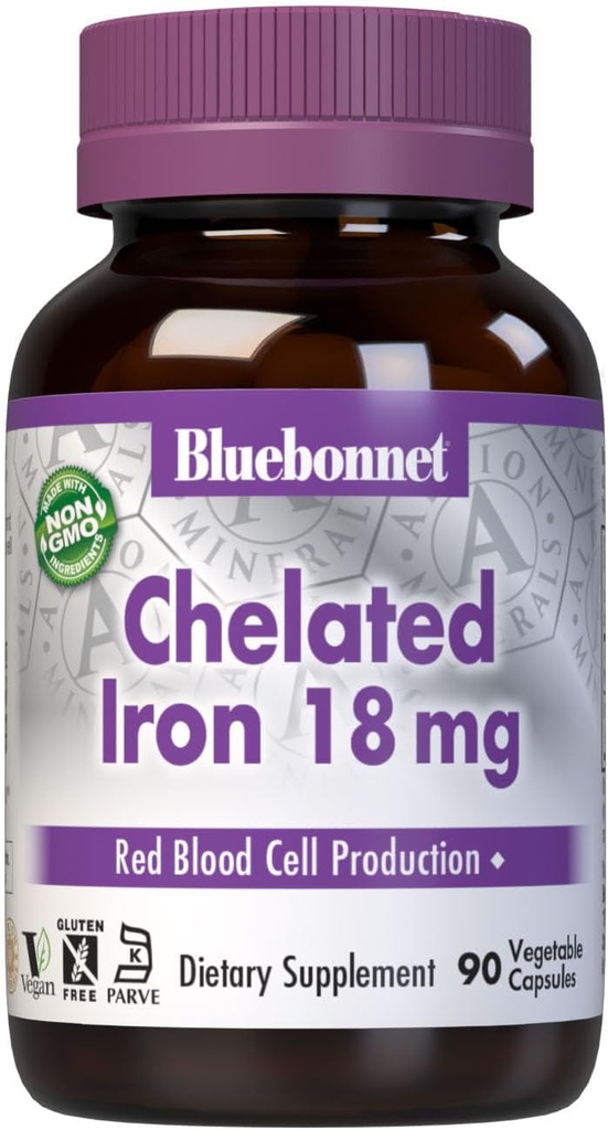 Bluebonnet Nutrition Chelated Iron 18 mg - non- constipating Iron - Soy- Free, Gluten- Free, Non- GMO, Kosher Certified, Dairy- Free, Vegan - 90 Vegetabilske kapsler, 90 Servering