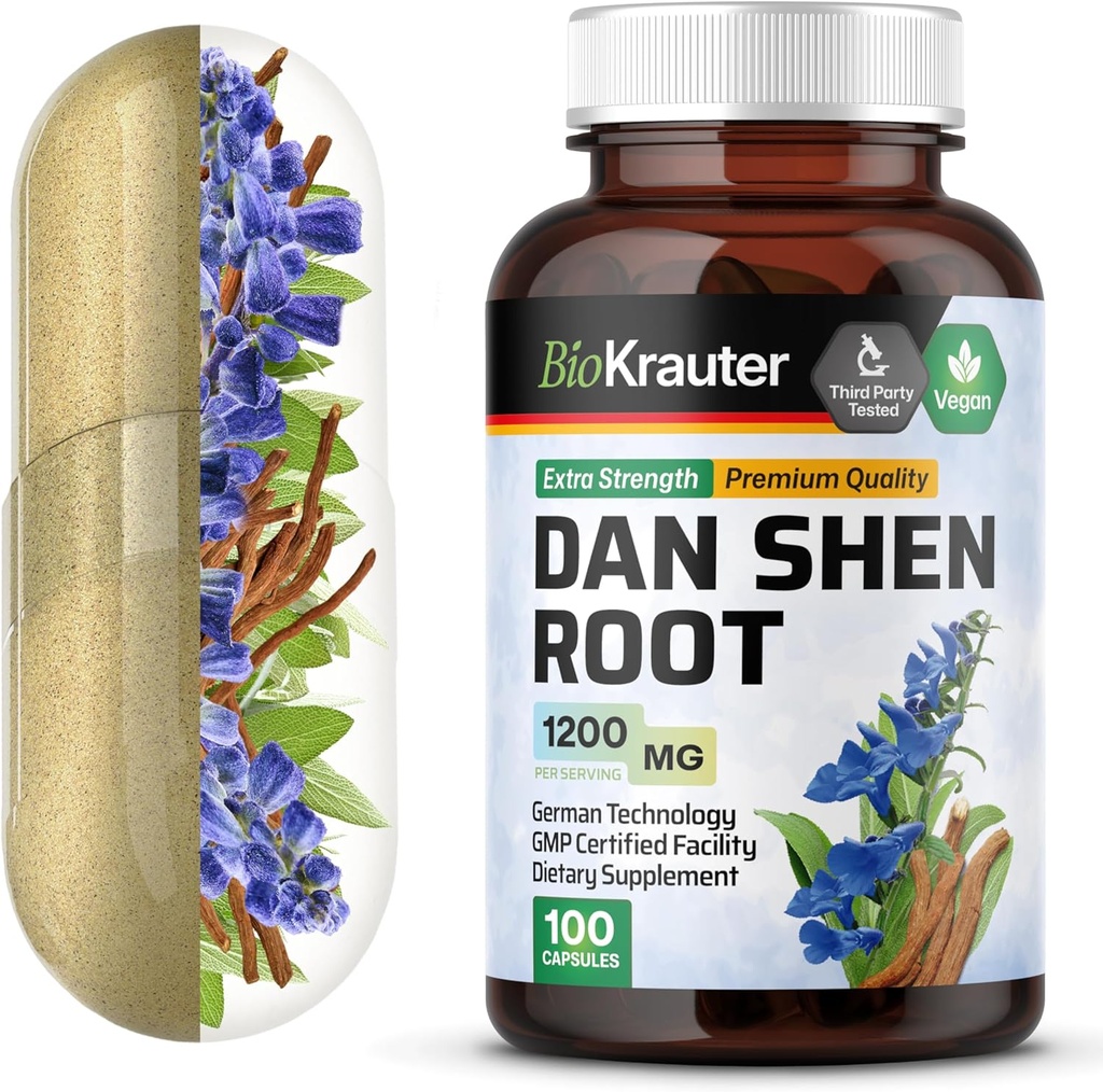 BIO KRAUTER Dan Shen Root Capsules - 1200 mg Styrke - 100 Red Sage Caps - Antioxidant Source - Salvia Miltiorrhiza Root - Vegan