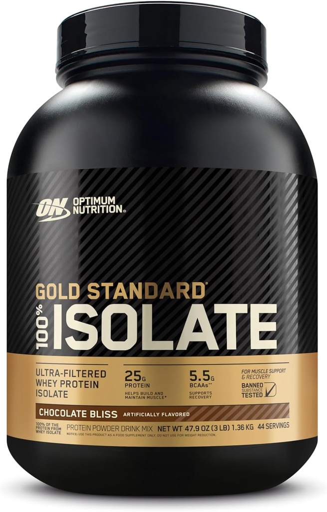 Optimum Nutrition Gold Standard 100% Isolat, Protein Powder, Chokolade Bliss, 3 Pund, 44 Servere. Whey Protein Isolate (Emballage Maj Vary)
