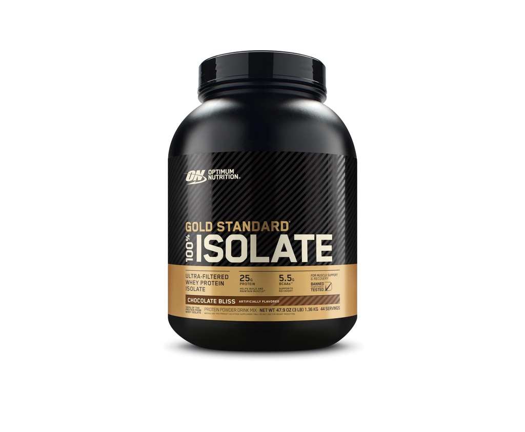 Optimum Nutrition Gold Standard 100% Isolat, Protein Powder, Chokolade Bliss, 3 Pund, 44 Servere. Whey Protein Isolate (Emballage Maj Vary)
