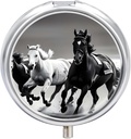 Black and White Horses Running Pill Case 3 Compartment Portable Pill Box Daily Round Pill Organizer for Pocket Purse Daily Medicine Container to Hold Vitamins Fish Oil Travel Gifts