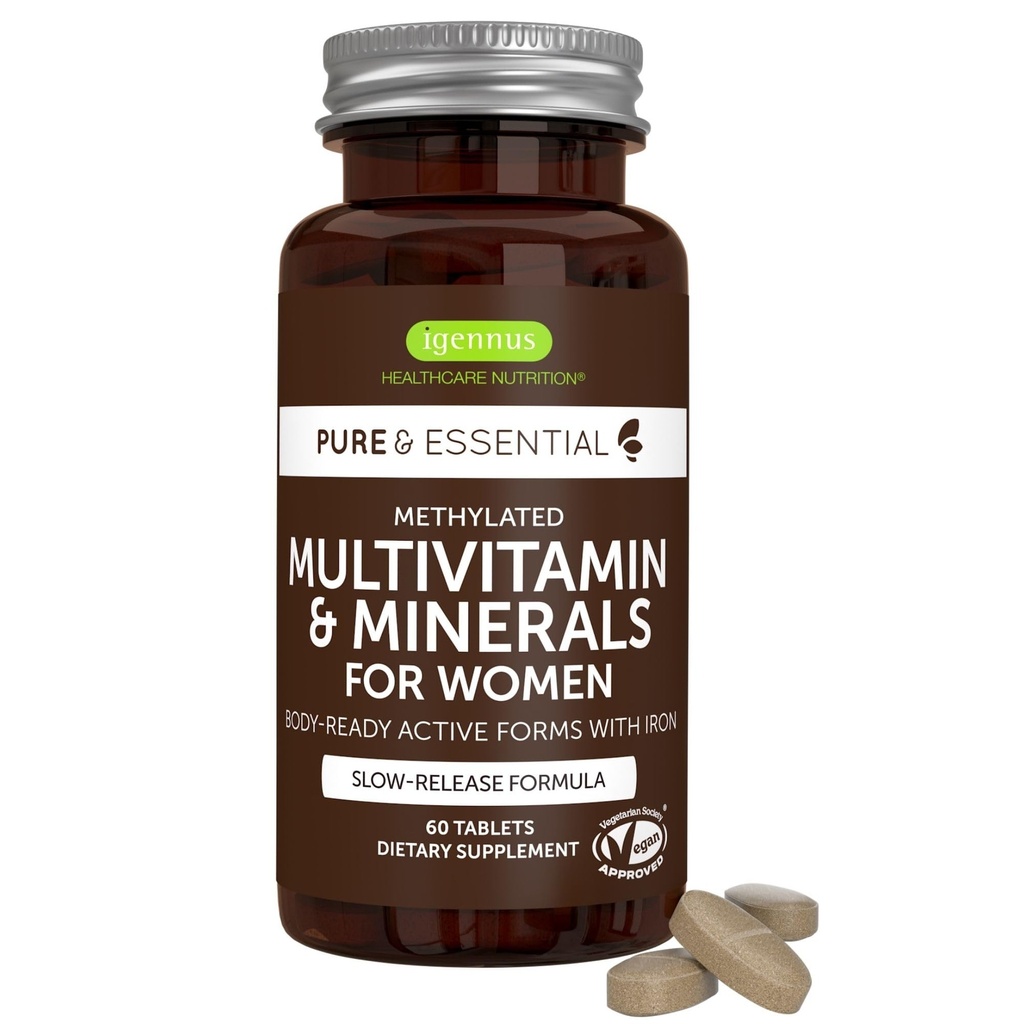 Igennus High Potency Methylerede Multivitamin til kvinder, Rene & Rene Ingredienser, MTHFR tillæg med aktive B- vitaminer, Vitamin K2 MK7, Gentle Jern, Vedvarende udgivet, Non- GMO & Halal, 60 tabletter