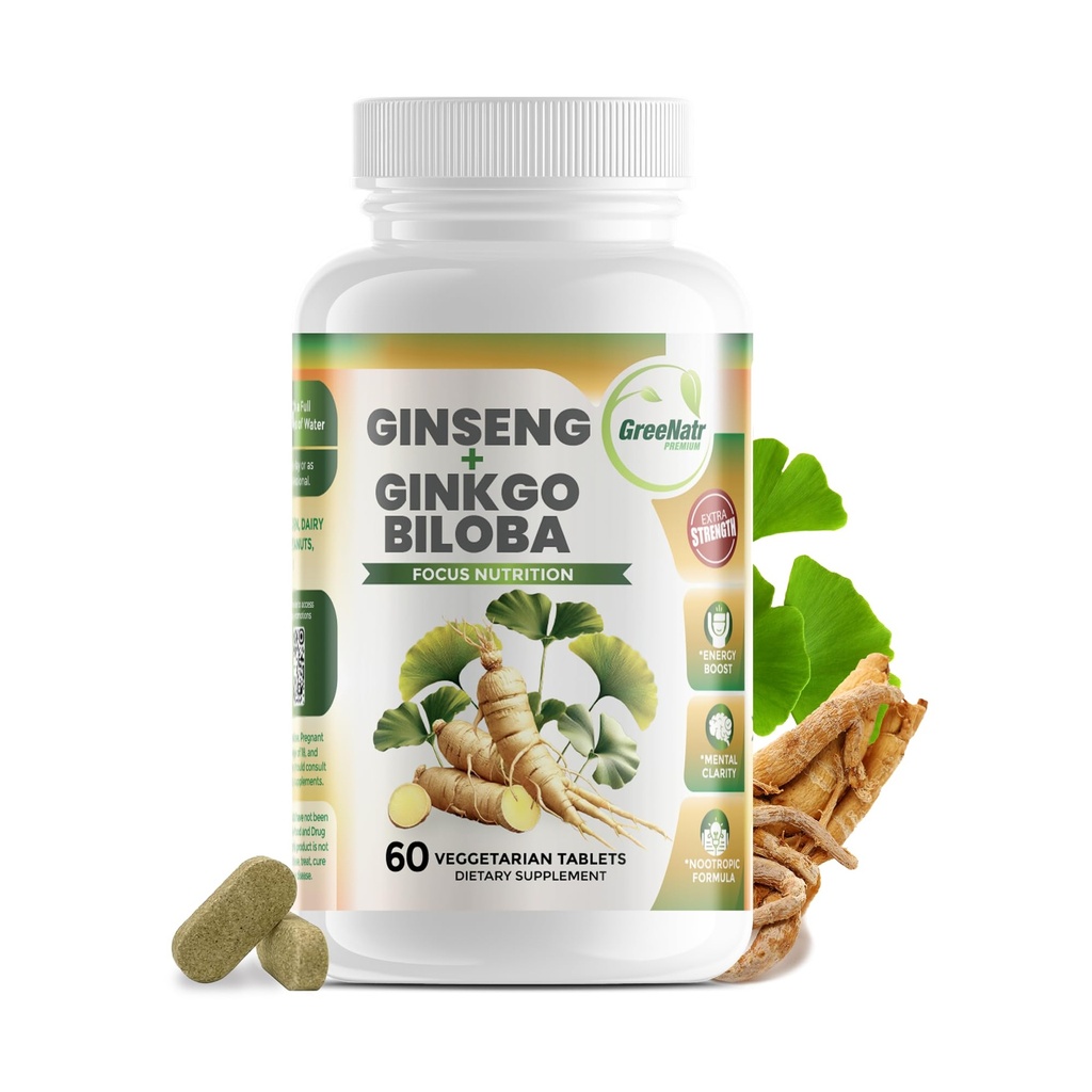 GreeNatr Ginko Biloba & Panax Ginseng Supplement - Rød Ginseng Brain Supplement til hukommelse og fokus - Ginkgo Biloba Kosttilskud til god vision, immunsystem og forbedret blodgennemstrømning - 60 tabletter