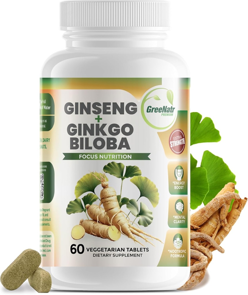 GreeNatr Ginko Biloba & Panax Ginseng Supplement - Rød Ginseng Brain Supplement til hukommelse og fokus - Ginkgo Biloba Kosttilskud til god vision, immunsystem og forbedret blodgennemstrømning - 60 tabletter