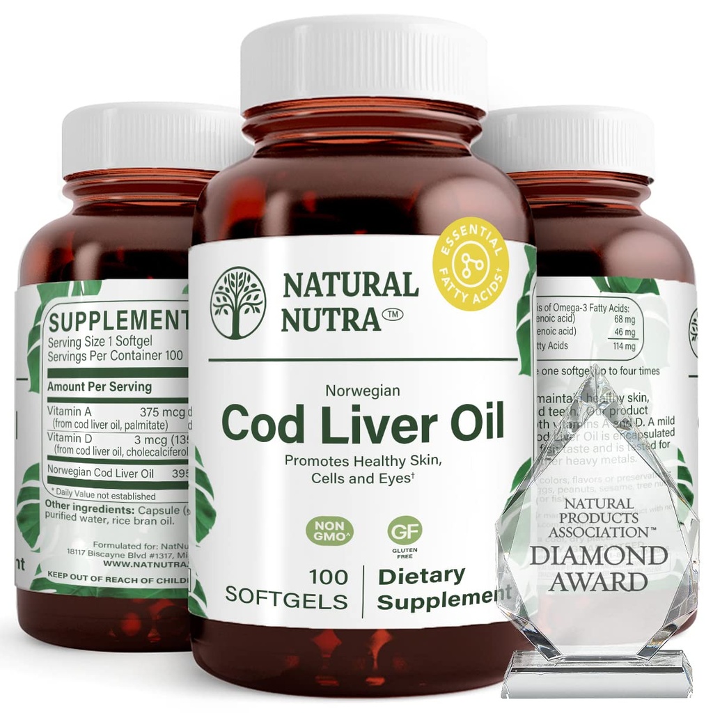 Natural Nutra Norwegian Cod Lever Oil Supplement, Hjælper med at vedligeholde hud, Hjælper med at opretholde kropstæthed, Eye Health & Nerve funktion, fremmer dental sundhed, understøtter hjerte-kar-sundhed, 100 bløddele