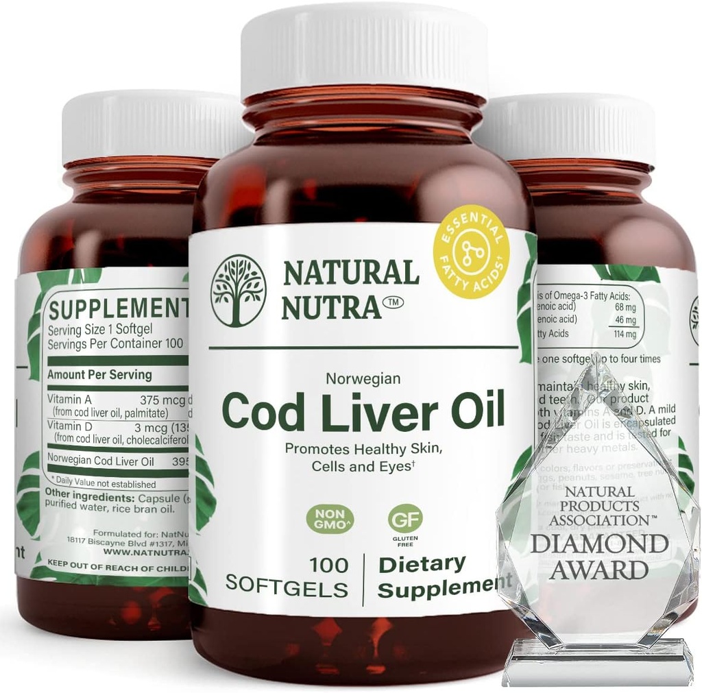 Natural Nutra Norwegian Cod Lever Oil Supplement, Hjælper med at vedligeholde hud, Hjælper med at opretholde kropstæthed, Eye Health & Nerve funktion, fremmer dental sundhed, understøtter hjerte-kar-sundhed, 100 bløddele