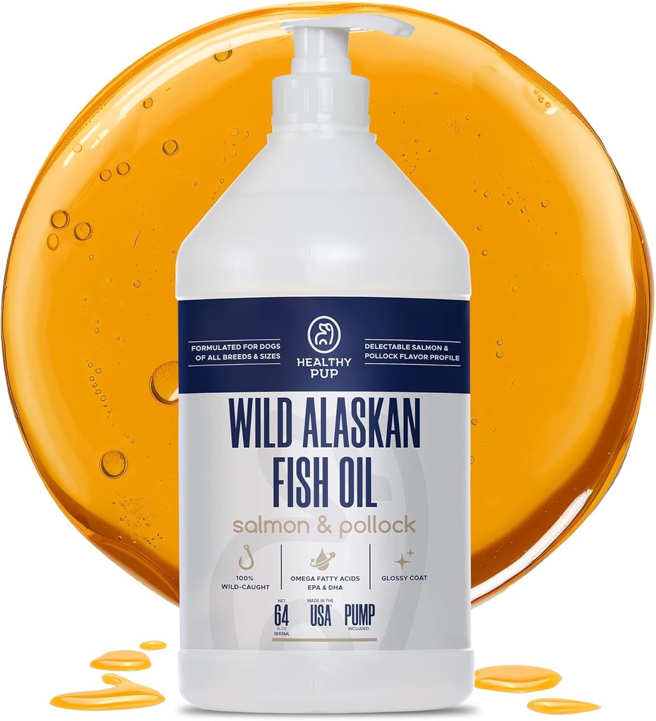 Wild Alaska Salmon Oil til hunde med Pollock - 64 oz Pollock og Salmon Oil, Omega 3, EPA, og DHA - Hunde Hud og Coat Supplement - Made in USA
