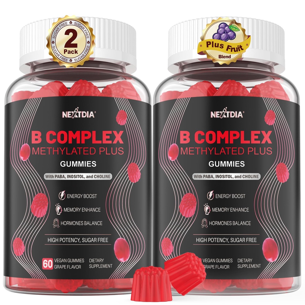 Brain & Mood Support Gummies, Super Vitamin B Complex for Mænd & Kvinder, Alle B Vitamin B1 B2 B3 B5 B6 B7 Folate MethyB12 med PABA, Inositol, Cholin, Understøtter MTHFR Gene & Energy, Vegan, 120Ct