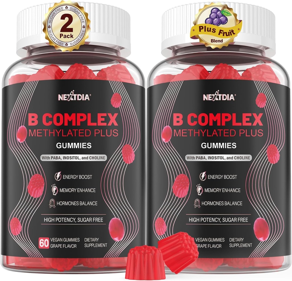 Brain & Mood Support Gummies, Super Vitamin B Complex for Mænd & Kvinder, Alle B Vitamin B1 B2 B3 B5 B6 B7 Folate MethyB12 med PABA, Inositol, Cholin, Understøtter MTHFR Gene & Energy, Vegan, 120Ct