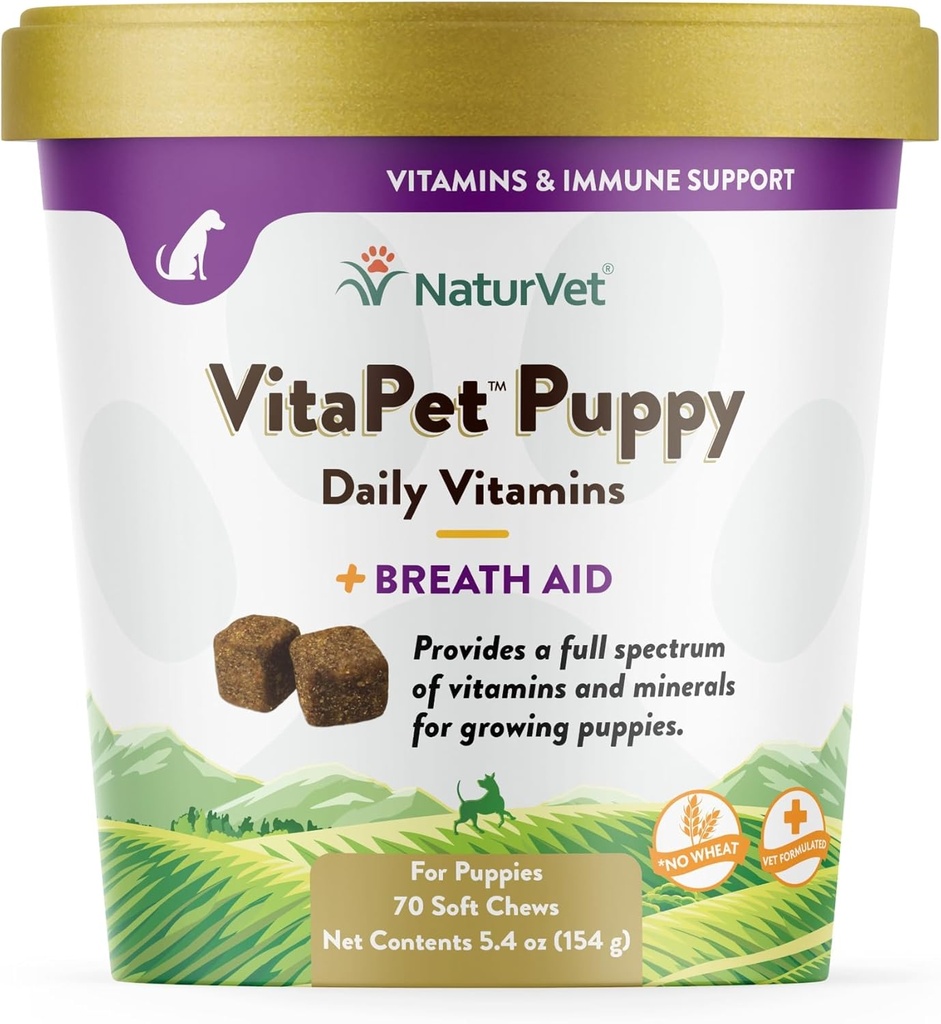 NaturVet - VitaPet Puppy Daglige Vitaminer for Hunde - Plus åndedræt Støtte - Formuleret specifikt til at give Hvalpe med essentielle Vitaminer, Mineraler, Aminosyrer & Fedtsyrer (70 bløde tygger)