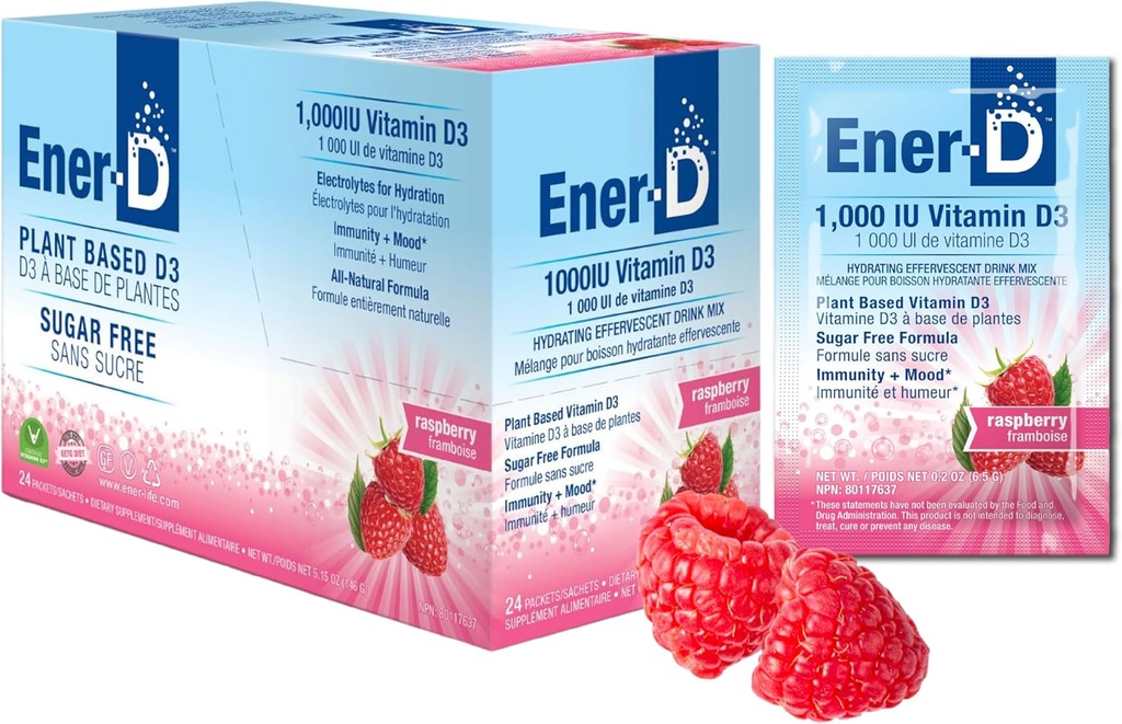 Energi- D sukker fri Multivitamin Drink Mix - Vitamin D3 pulver til vand, elektrolytter pulver ingen sukker, hydrering Boost Pakninger, Zero Sugar, Vitamin D3 Supplement flydende mix - Hindbær, 24 Greve