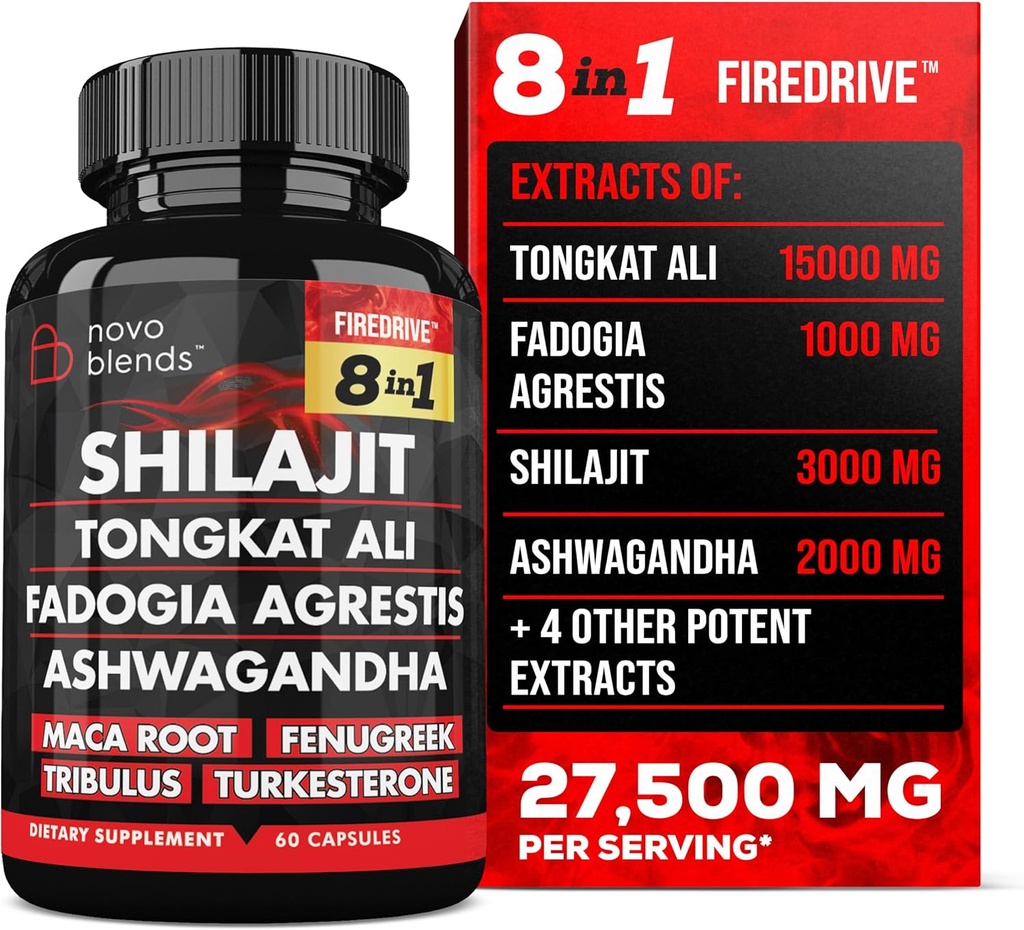 Shilajit 3000mg Tongkat Ali 15,000mg Fadogia Agrestis 1000mg Maca Root 2000mg Ashwagandha Azermg Fenugreek 1500mg Tribulus Terrestris 500mg Turkesterone 500mg, 8- 1- Supplement Blend for mænd