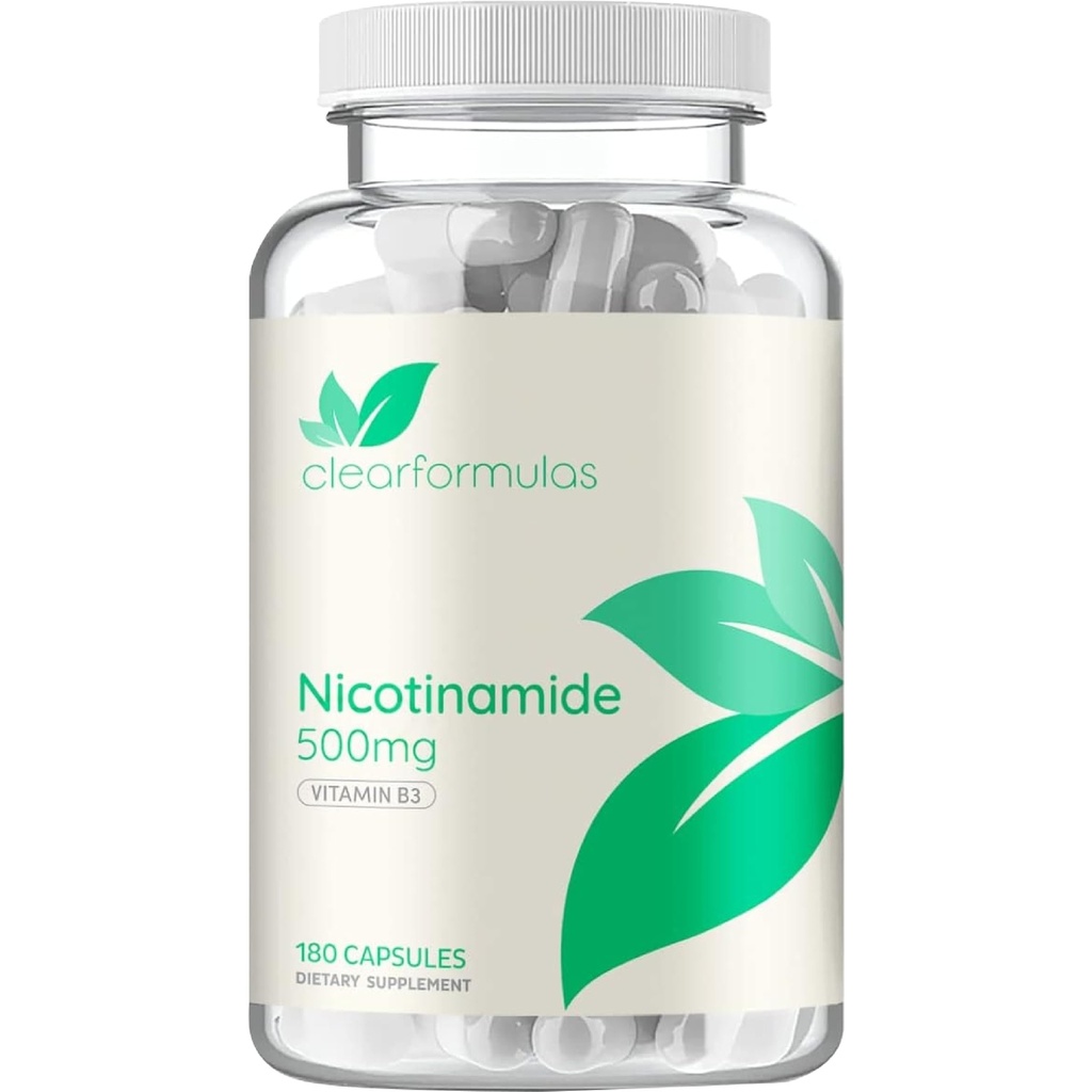 Vitamin B3 Nicotinamid 500mg - Høj Absorption Form af vitamin B3 Niacin Flush Gratis for Hør Skin Brain og energistøtte - NAD Precursor - Lavet i en cGMP American Facility (180 Servere)