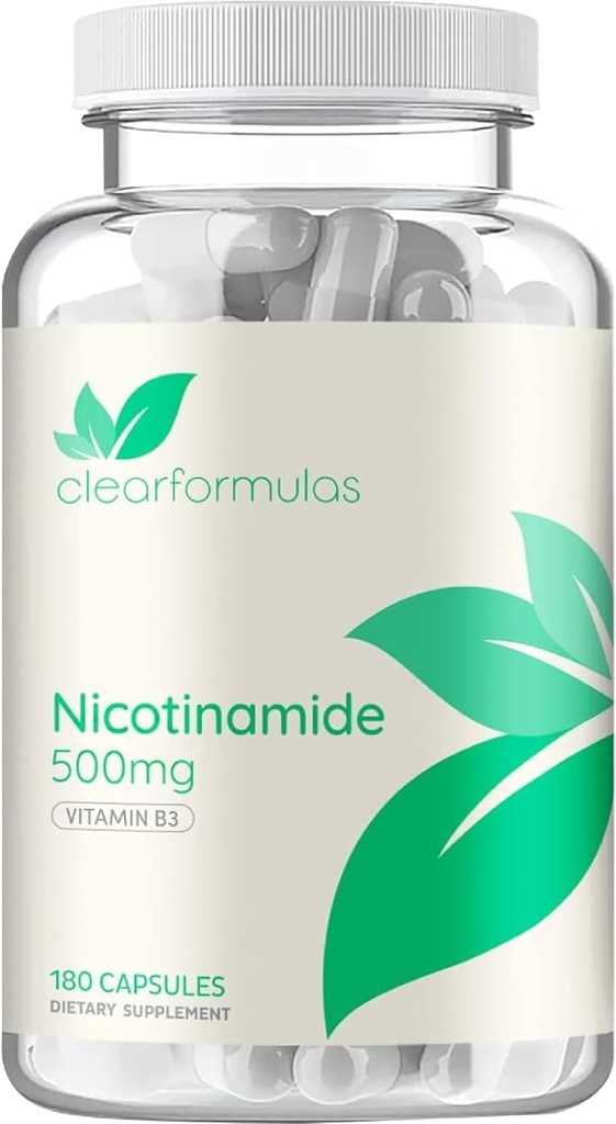 Vitamin B3 Nicotinamid 500mg - Høj Absorption Form af vitamin B3 Niacin Flush Gratis for Hør Skin Brain og energistøtte - NAD Precursor - Lavet i en cGMP American Facility (180 Servere)