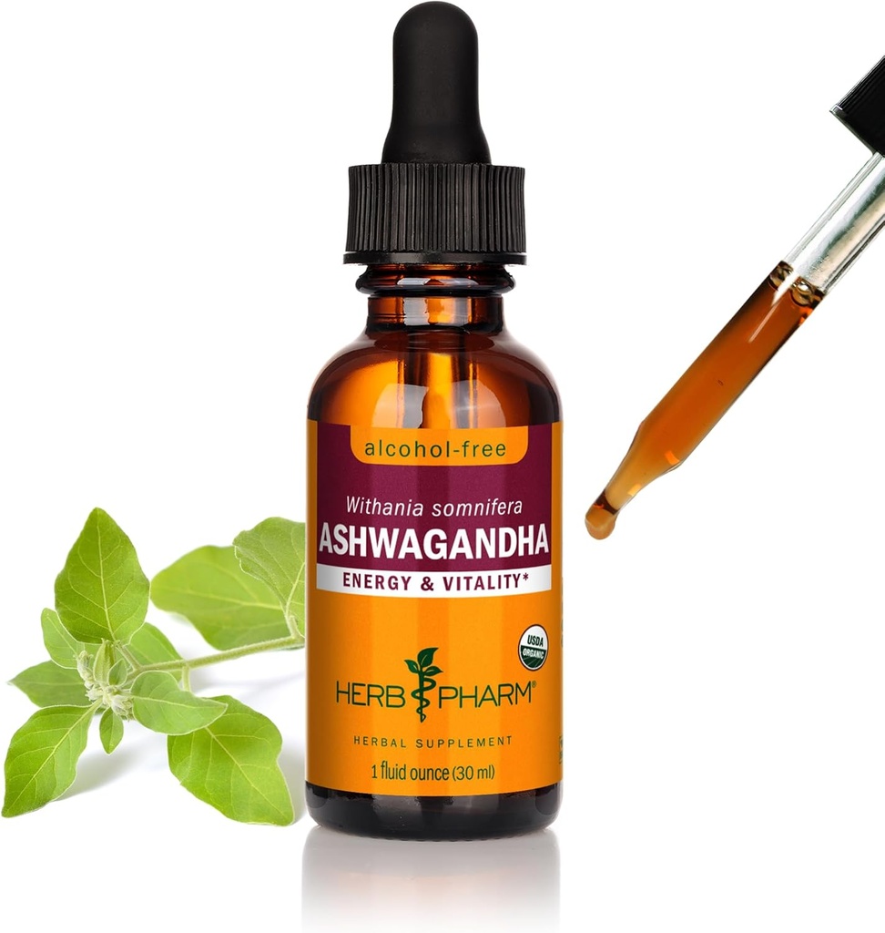 Herb Pharm Organic Ashwagandha Liquid Extract, Alkohol- Free: Mood Support, Vegan Ashwagandha Root Glycerit, Tasty Non- Bitter Adaptogen Extract for voksne, Non- GMO, 1 Oz