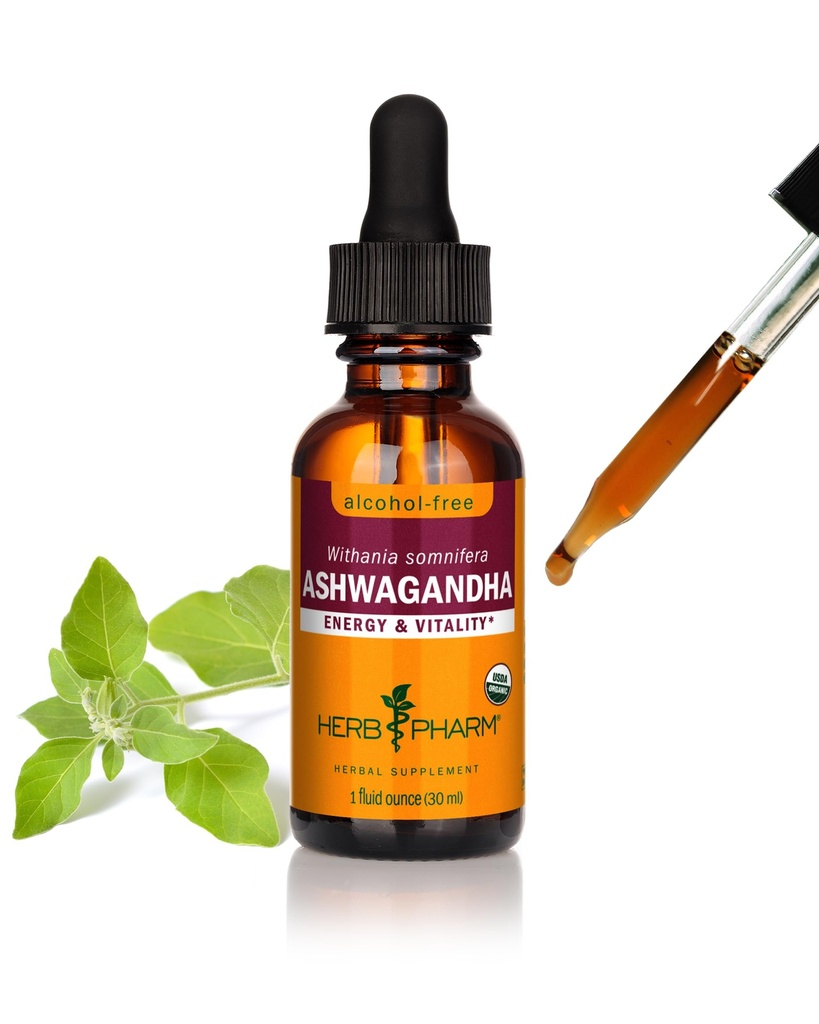 Herb Pharm Organic Ashwagandha Liquid Extract, Alkohol- Free: Mood Support, Vegan Ashwagandha Root Glycerit, Tasty Non- Bitter Adaptogen Extract for voksne, Non- GMO, 1 Oz