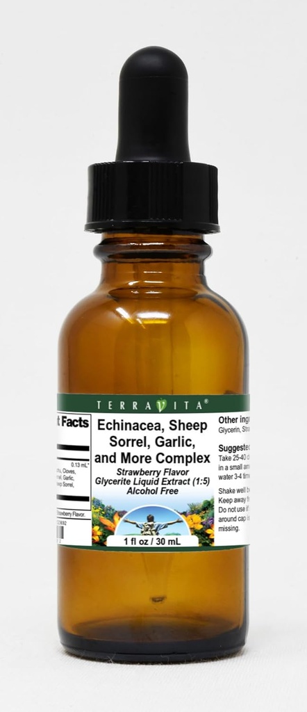 Terravita Echinacea, Sheep Sorrel, Hvidløg, og mere Complex Glycerite Liquid Extract (1: 5) - Jordbærsmag (1 oz, ZIN: 523692)