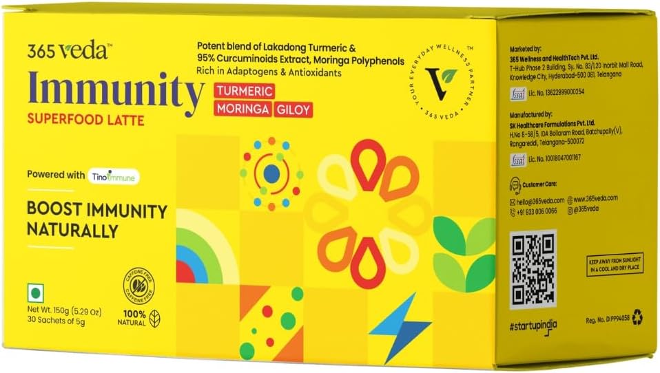 Immunitet Boost Latte med Moringa & Giloy, gurkemeje, 100% naturlige ingredienser, kan forbedre fordøjelsen, Gluten Free On- The- Go Sachets (30 Greve)